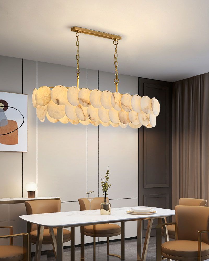 Rectangular Alabaster Chandelier Dia 100/120 with Round Shell Piece String Ceiling for Dining room