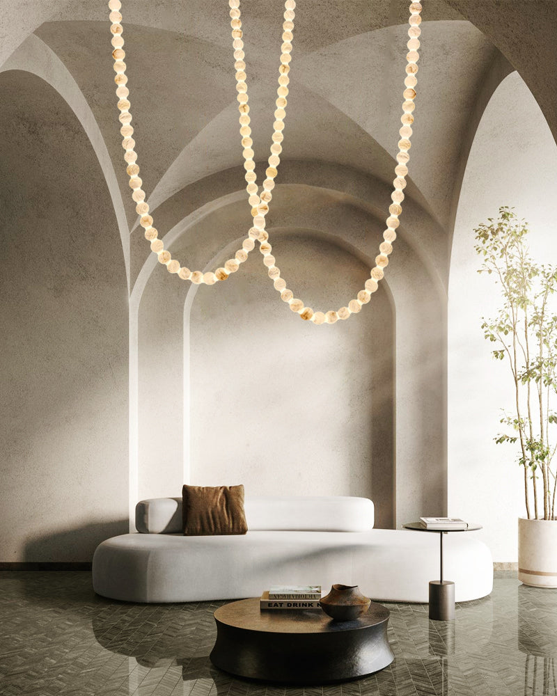 Modern LED Natural Alabaster Globes Beads Hanging Chandelier Indoor Lighting Fixture