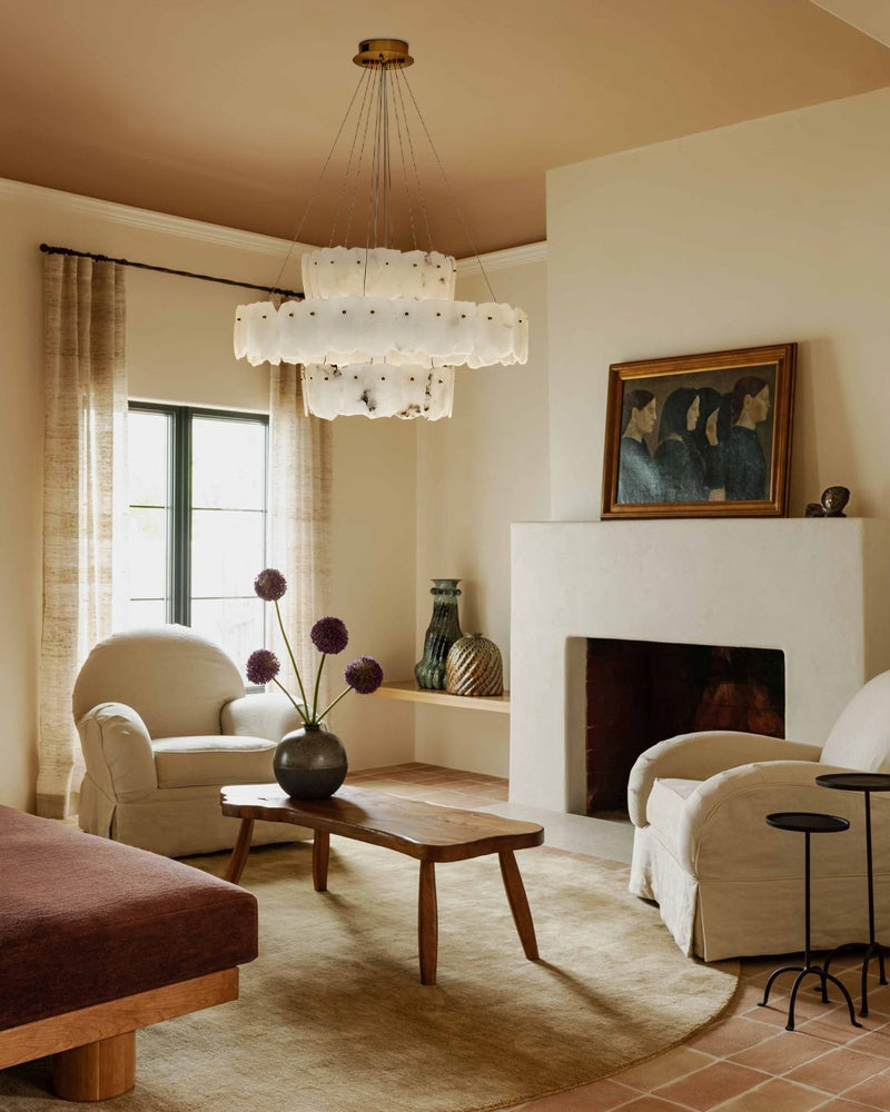 3-tiered stairwell chandeliers | irregular alabaster plate in disk ceiling with long cord