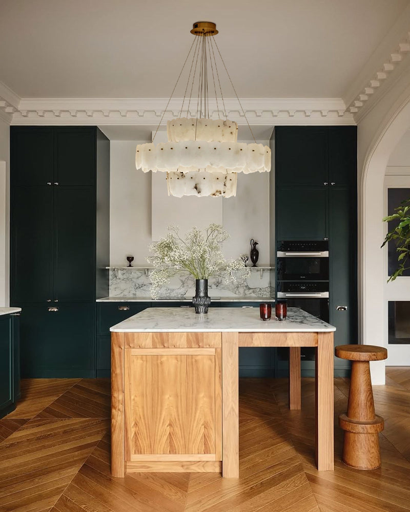 3-tiered stairwell chandeliers | irregular alabaster plate in disk ceiling with long cord