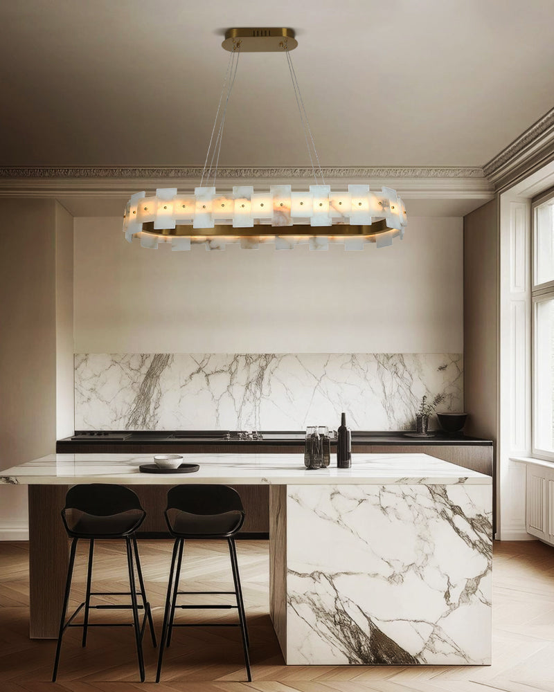 Antique Brass Ring Frame Round Halo Alabaster Modern Lighting Chandelier Wide 31"