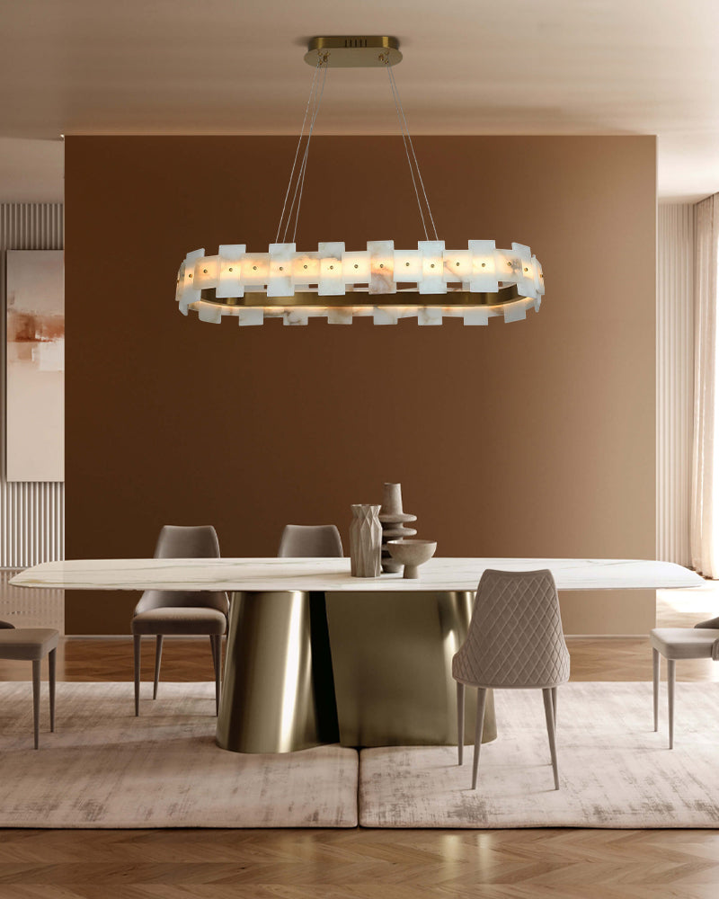 Antique Brass Ring Frame Round Halo Alabaster Modern Lighting Chandelier Wide 31"