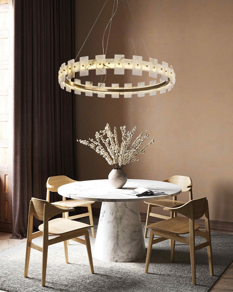 Antique Brass Ring Frame Round Halo Alabaster Modern Lighting Chandelier Wide 31"