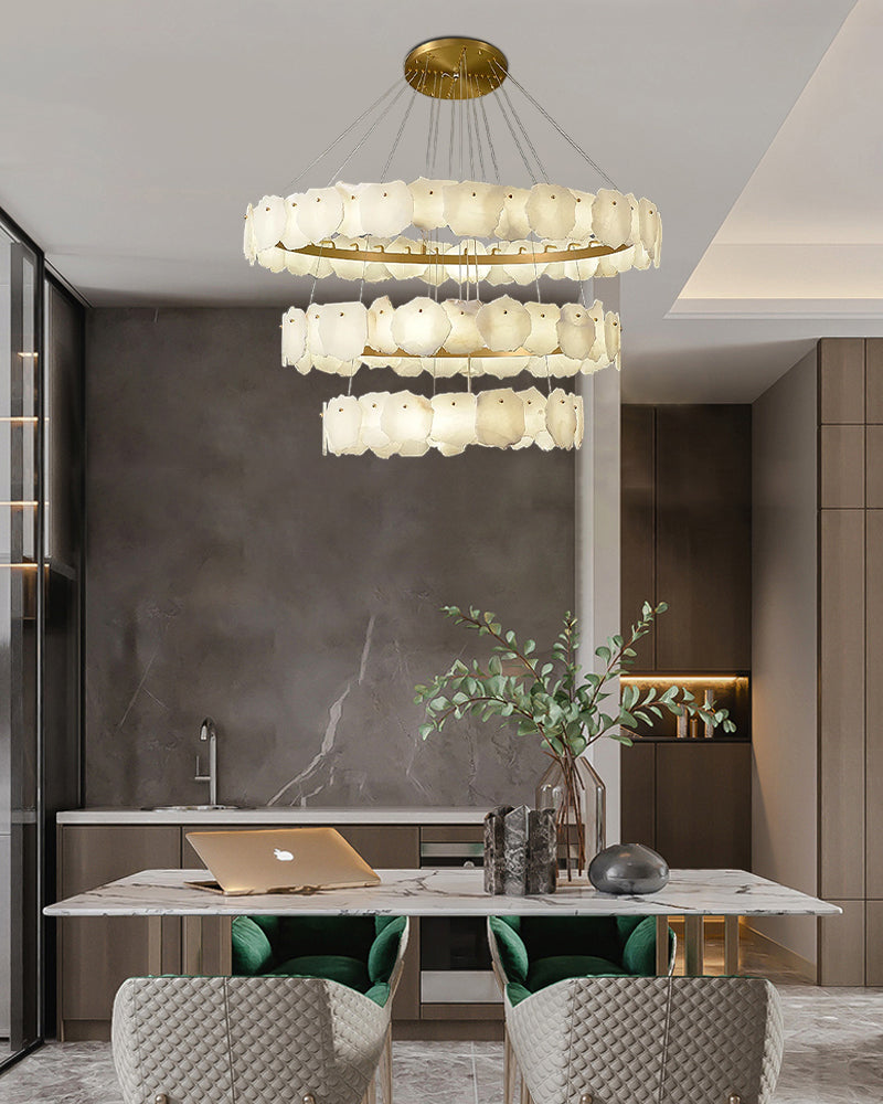 3-tiered stairwell chandeliers | irregular alabaster plate in disk ceiling with long cord