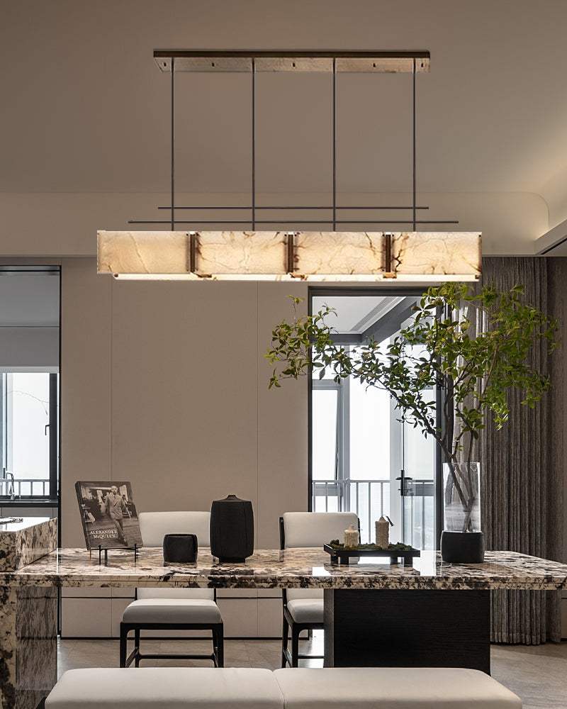 Vintage Alabaster & Gold Long Chandelier 48“60”71" with Metal Rod