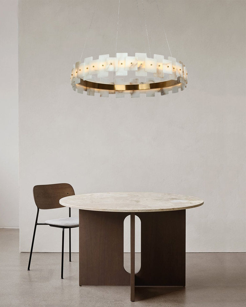 Antique Brass Ring Frame Round Halo Alabaster Modern Lighting Chandelier Wide 31