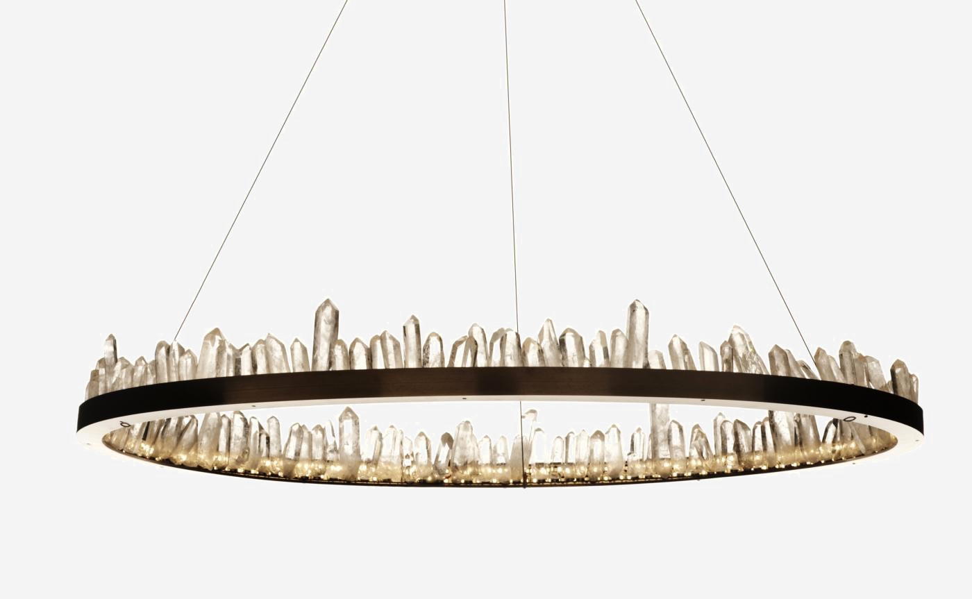 36 Inch Round Modern Chandelier Brass & Clear Geode Quartz Crystal Hanging Light