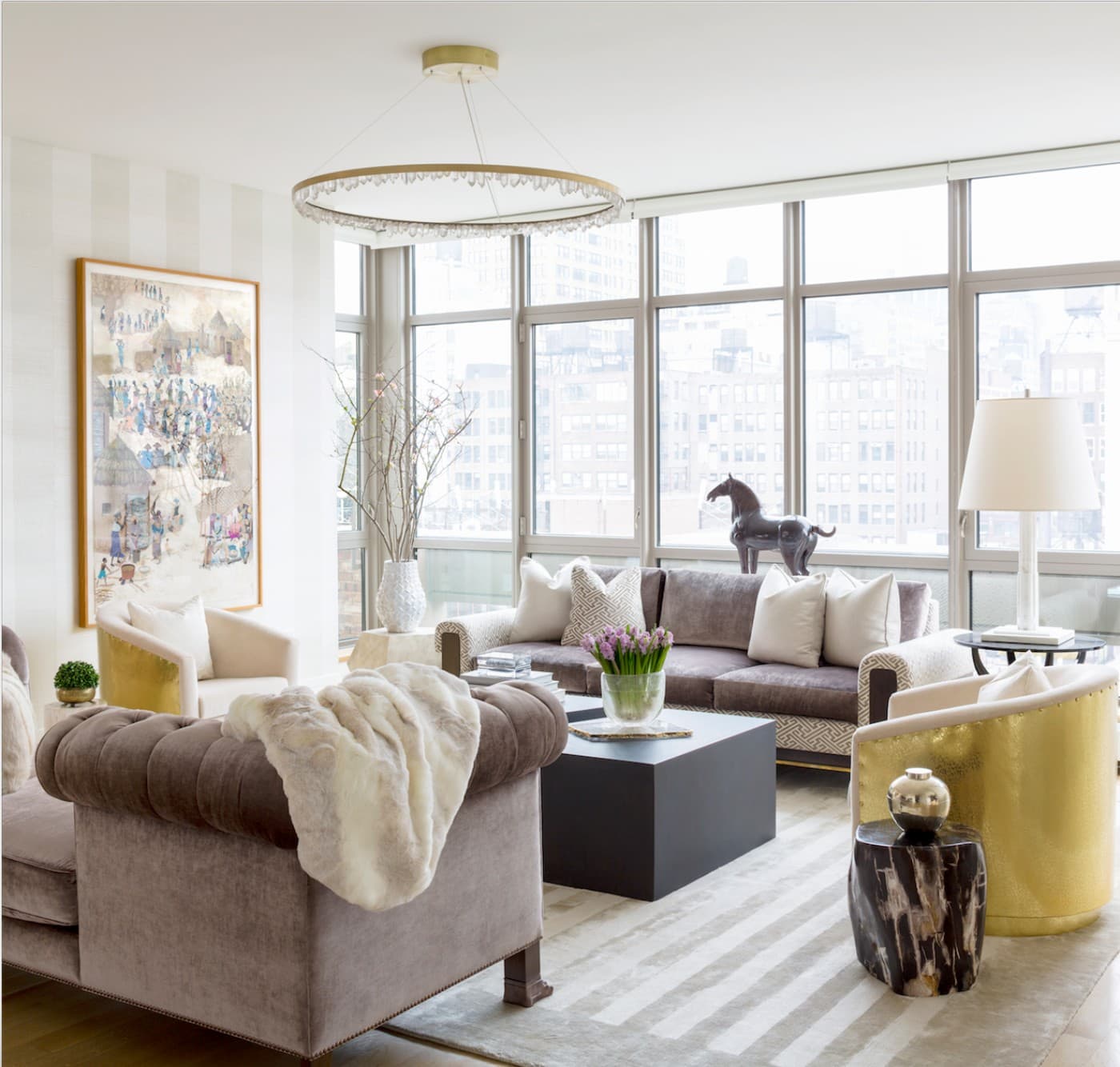 36 Inch Round Modern Chandelier Brass & Clear Geode Quartz Crystal Hanging Light