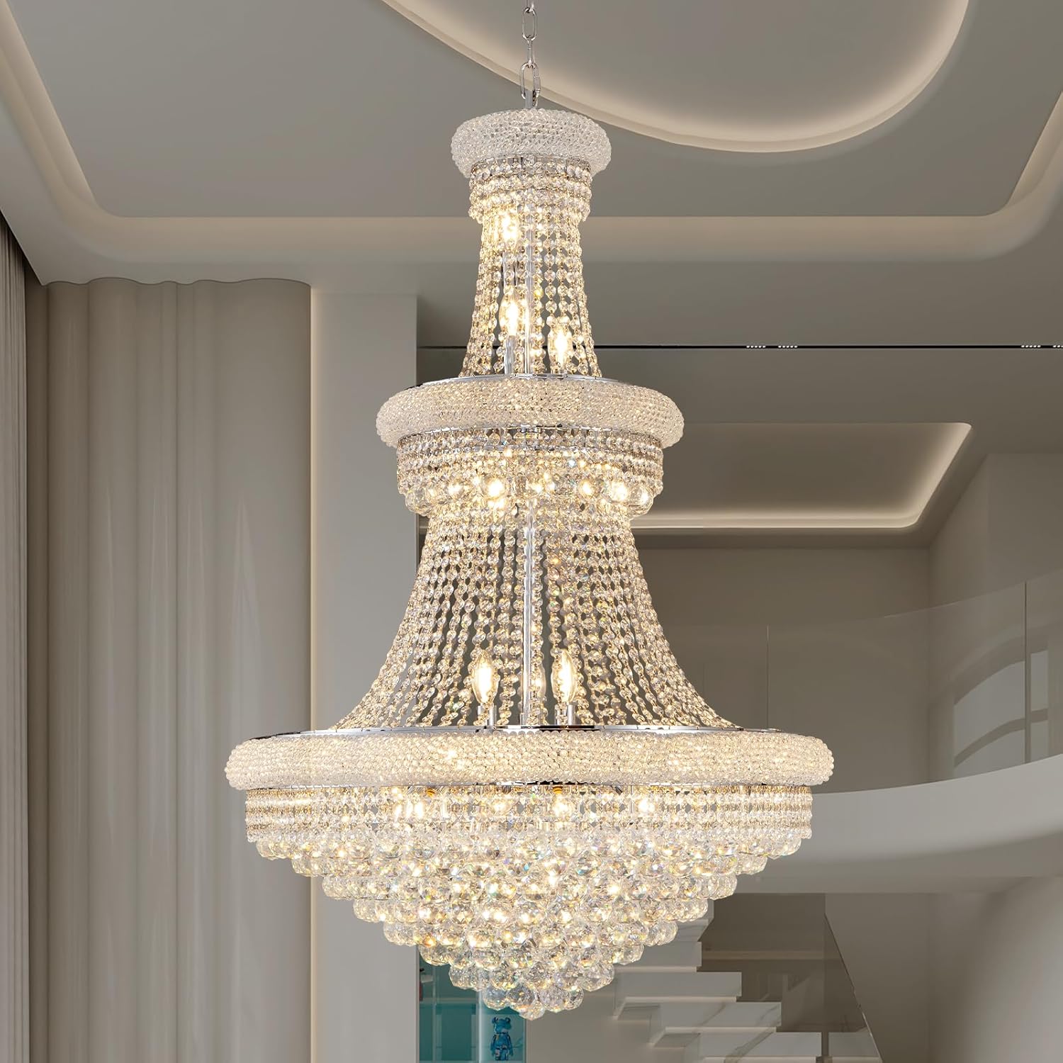 BEIRIO Chrome 24-Light Crystal Chandelier for High Ceilings