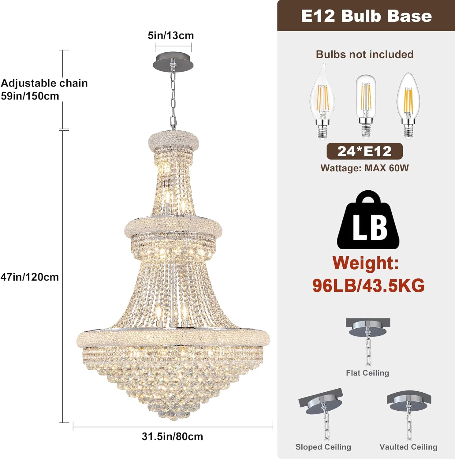 BEIRIO Chrome 24-Light Crystal Chandelier for High Ceilings