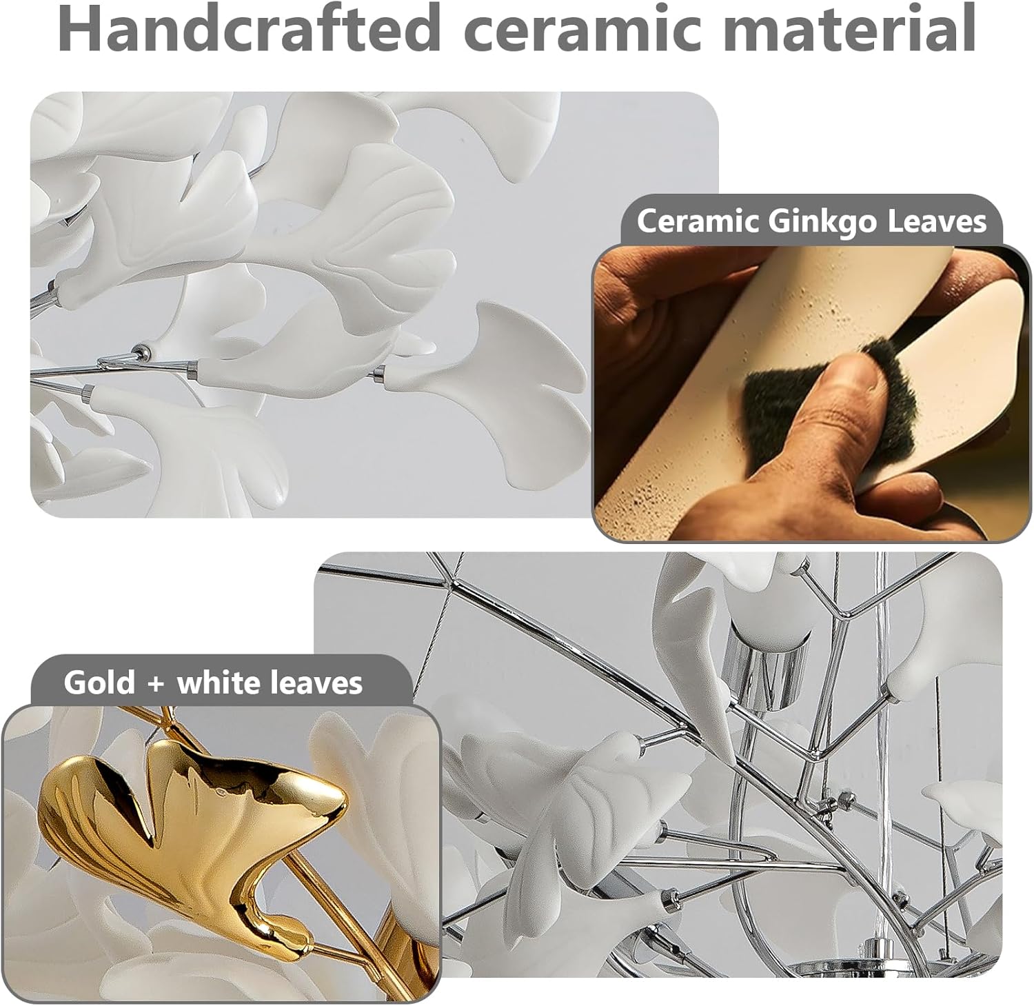 Silver Ceramic Ginkgo Leaf Branch Chandelier – 47.2