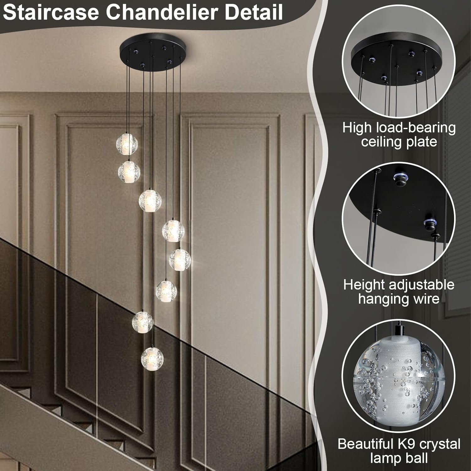 Black Crystal Staircase Chandelier with Adjustable Height and 8 Lights