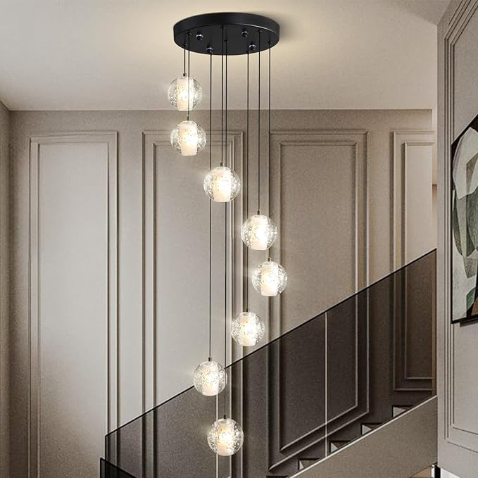 Black Crystal Staircase Chandelier with Adjustable Height and 8 Lights