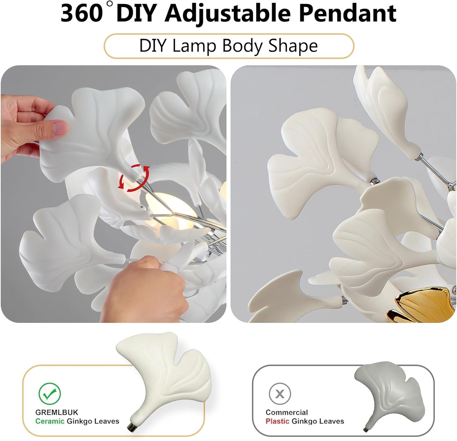 Silver Ceramic Ginkgo Leaf Branch Chandelier – 47.2