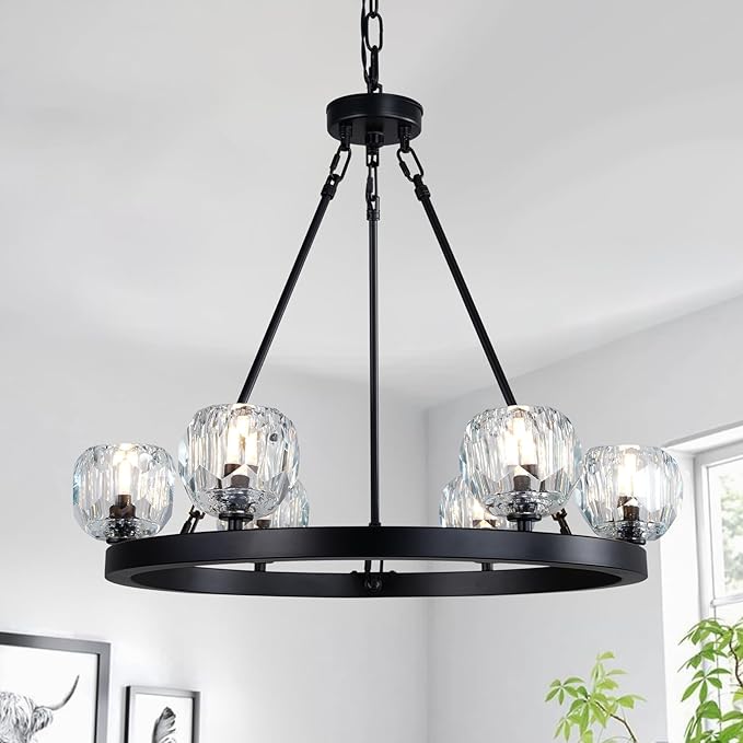 YUYI Black Wagon Wheel Crystal Chandelier 23-Inch 6-Light Farmhouse