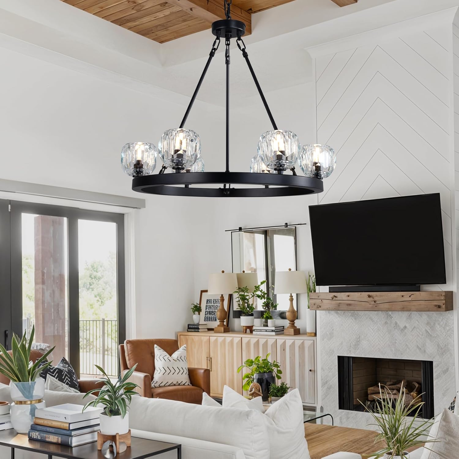 YUYI Black Wagon Wheel Crystal Chandelier 23-Inch 6-Light Farmhouse