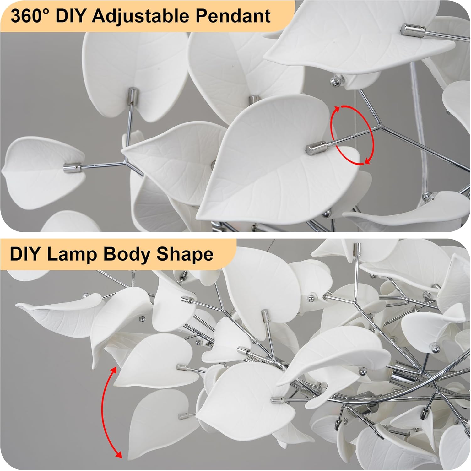 Gold Ceramic Leaf Chandelier with 6 Adjustable Lights, 31.5" Diameter