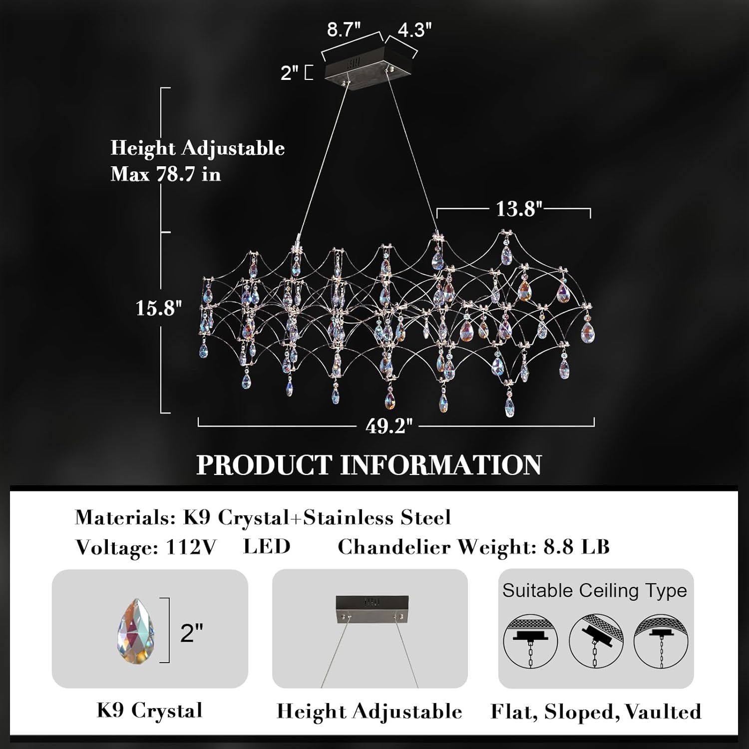 Large Silver Rectangle Crystal Chandelier 49.2