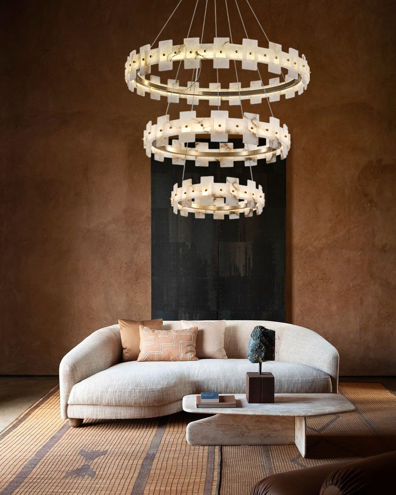 Antique Brass Ring Frame Round Halo Alabaster Modern Lighting Chandelier Wide 31"