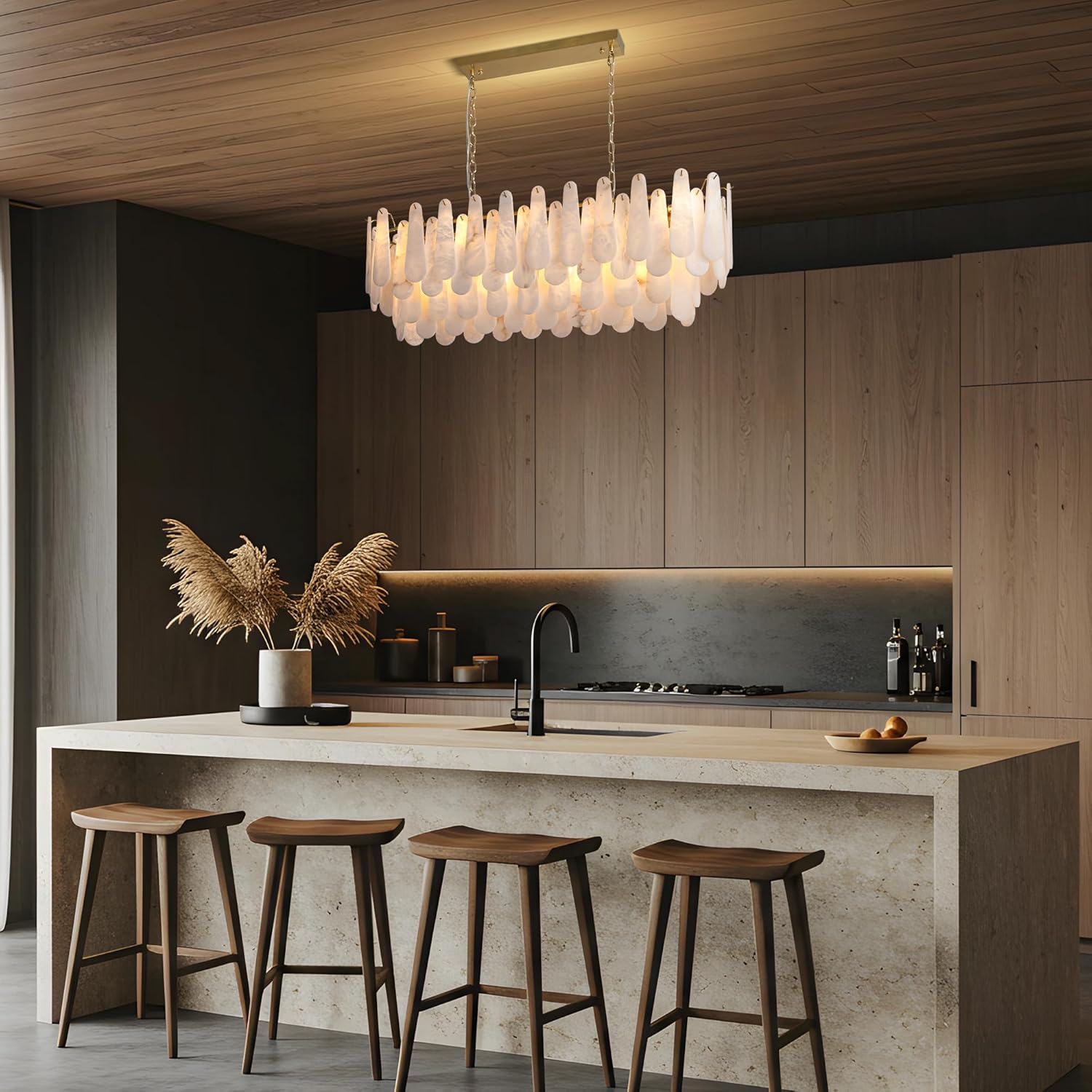 Luxury Modern Alabaster Brass Rectangle Chandelier with Adjustable Height