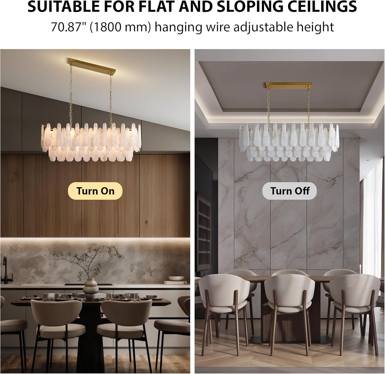 Luxury Modern Alabaster Brass Rectangle Chandelier with Adjustable Height