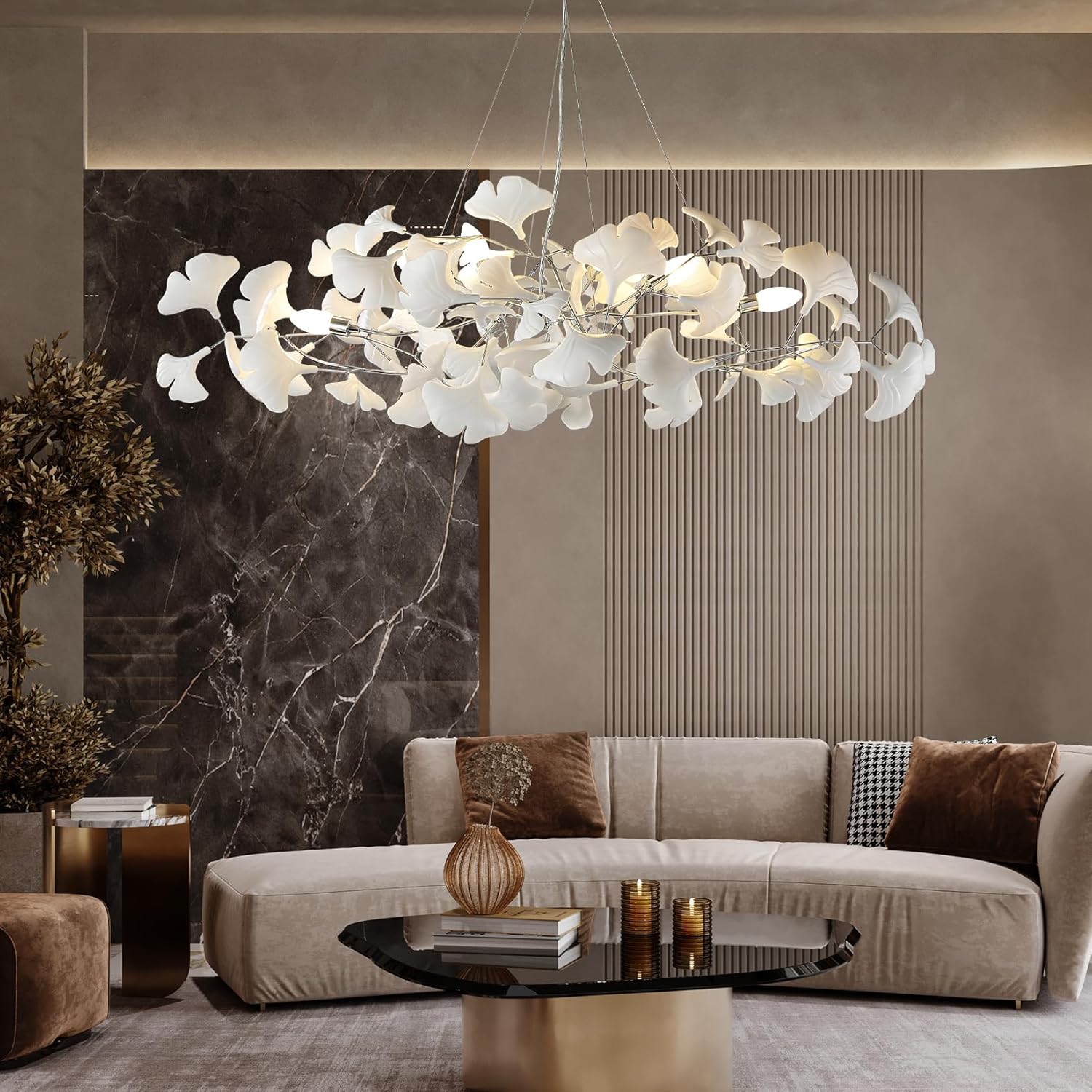 Silver Ceramic Ginkgo Leaf Branch Chandelier – 47.2