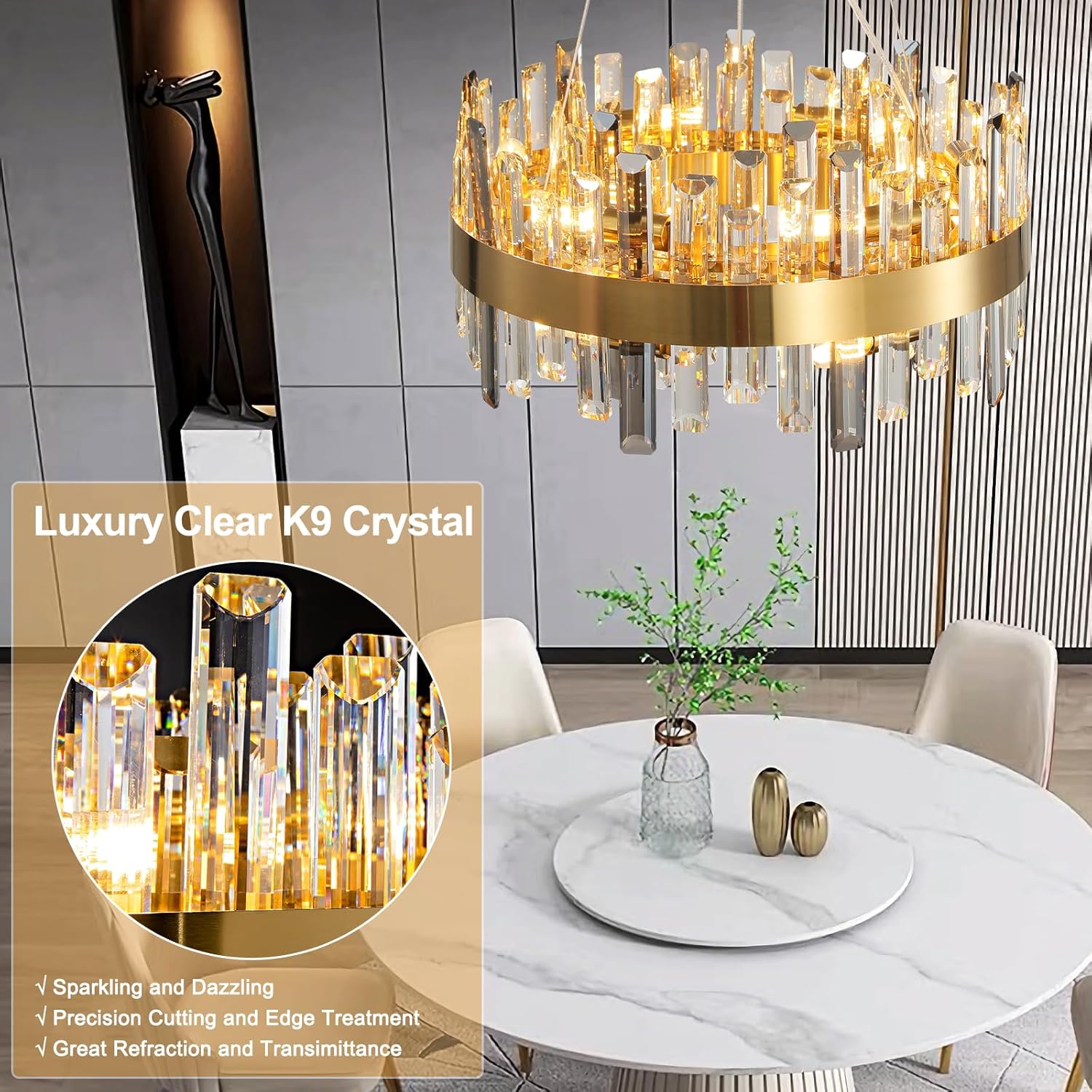 Modern Luxury Gold Round 12-Light K9 Crystal Chandelier