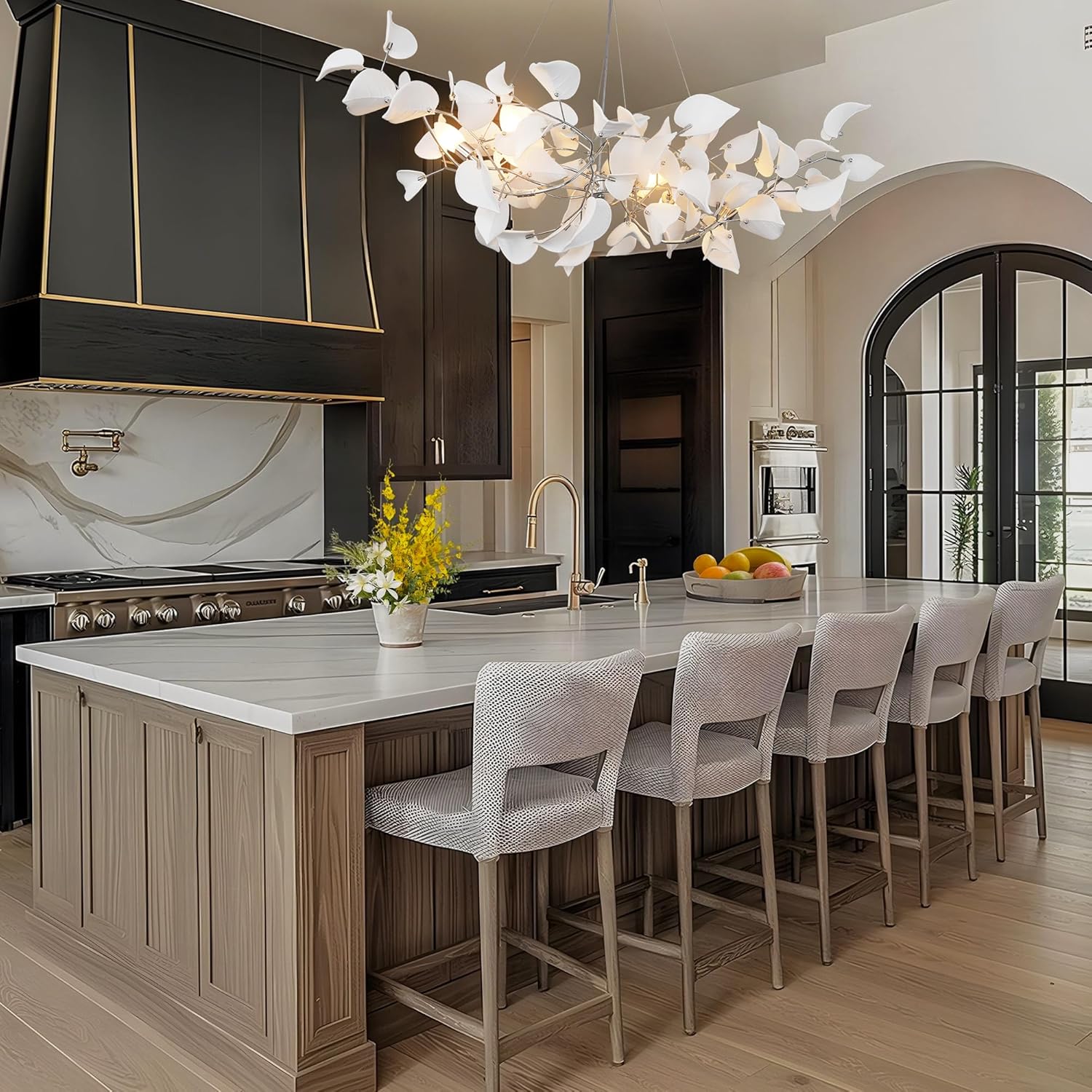 Gold Ceramic Leaf Chandelier with 6 Adjustable Lights, 31.5