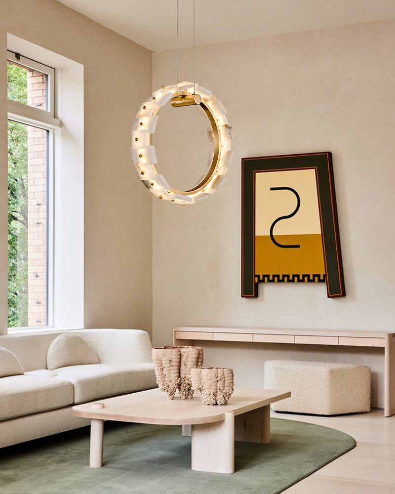 Antique Brass Ring Frame Round Halo Alabaster Modern Lighting Chandelier Wide 31