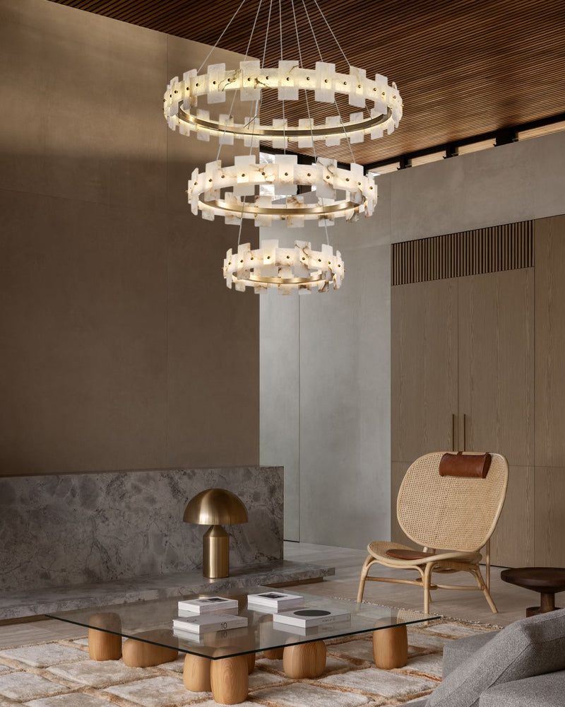 Antique Brass Ring Frame Round Halo Alabaster Modern Lighting Chandelier Wide 31"