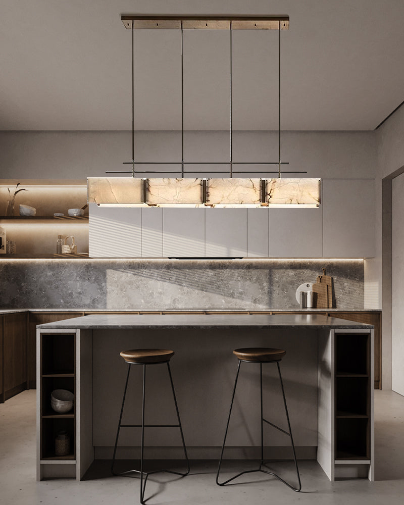 Vintage Alabaster & Gold Long Chandelier 48“60”71" with Metal Rod