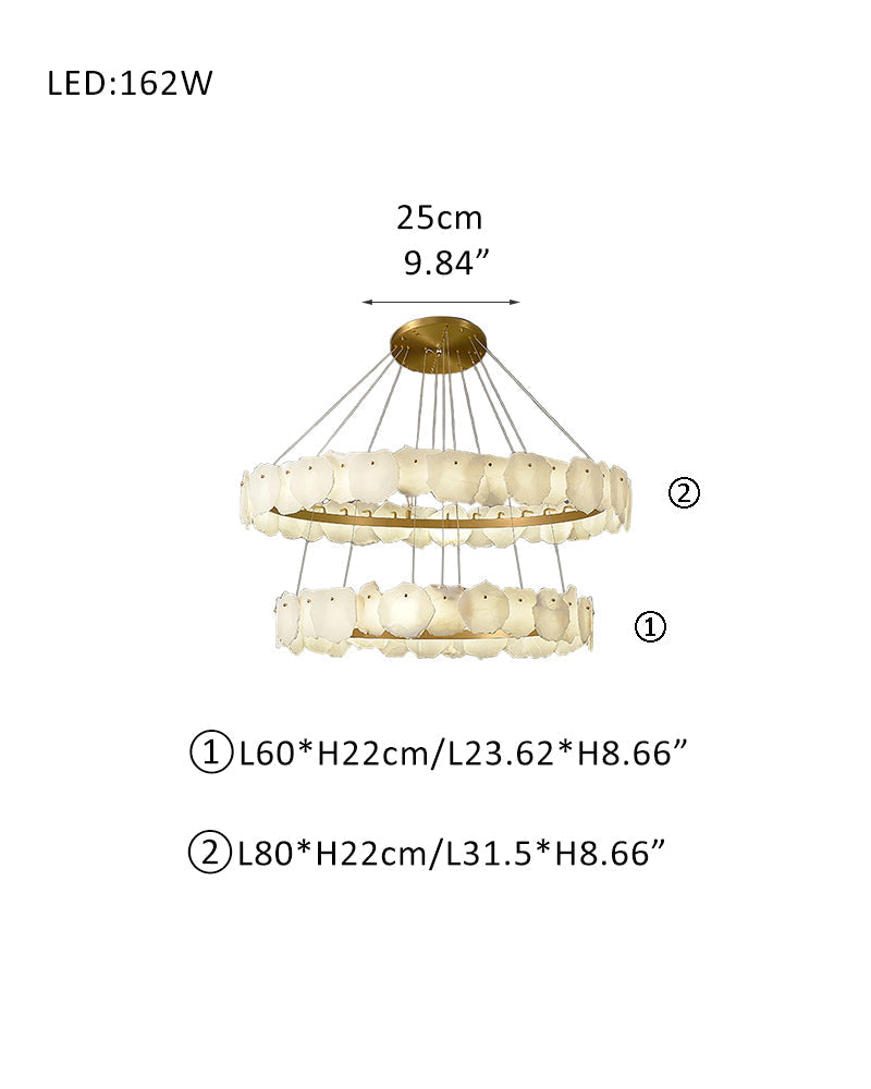3-tiered stairwell chandeliers | irregular alabaster plate in disk ceiling with long cord