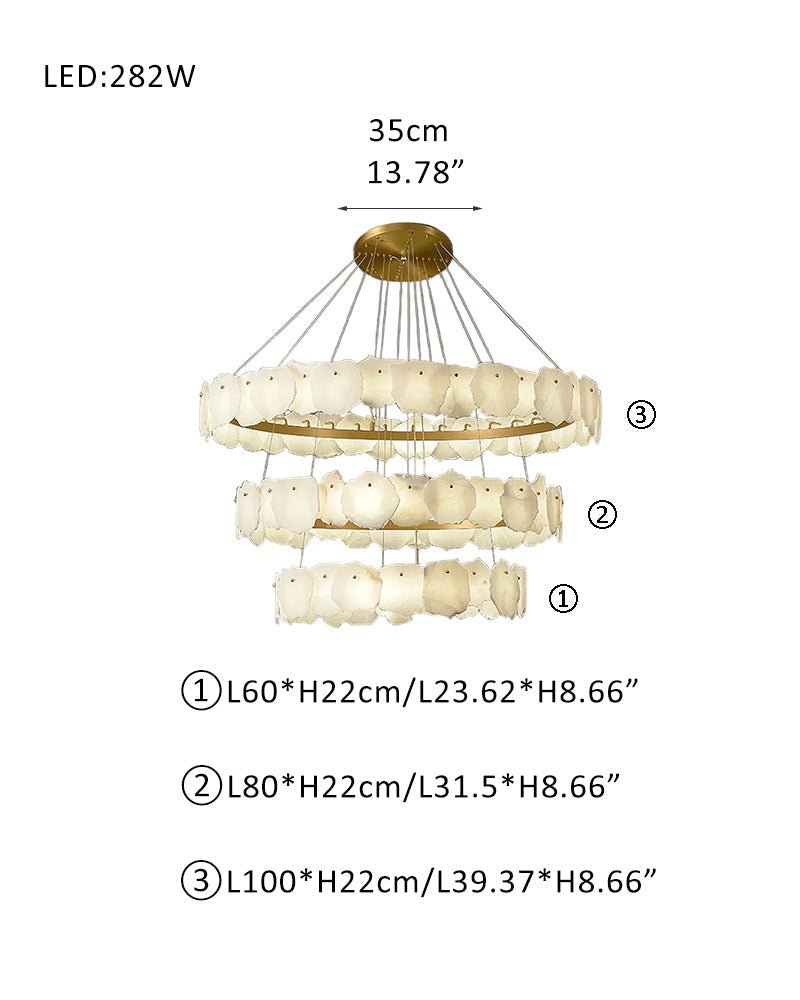 3-tiered stairwell chandeliers | irregular alabaster plate in disk ceiling with long cord