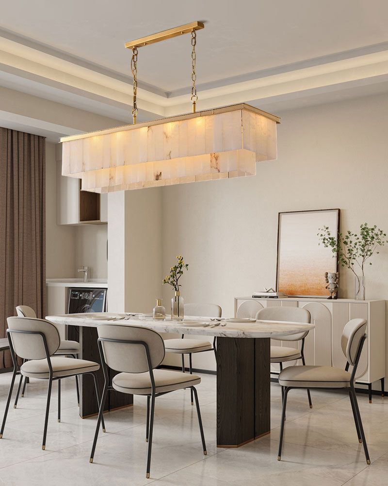 Modern White Alabaster Shade Multi-Layer Rectangle Chandelier