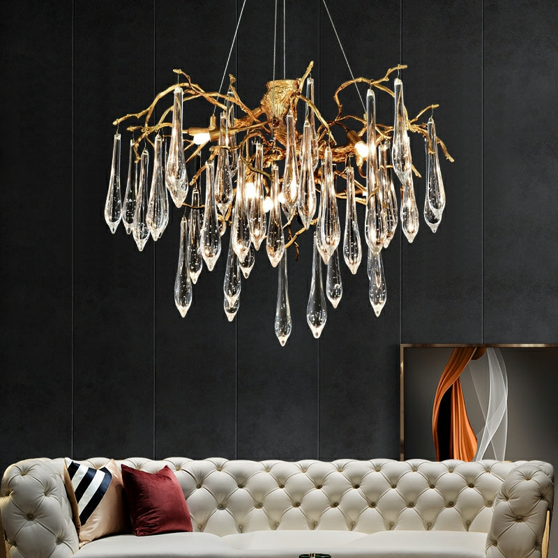 Branch Crystal Drops Chandelier in French Style with Copper Gold Finish for Dining and Living Room Ceiling