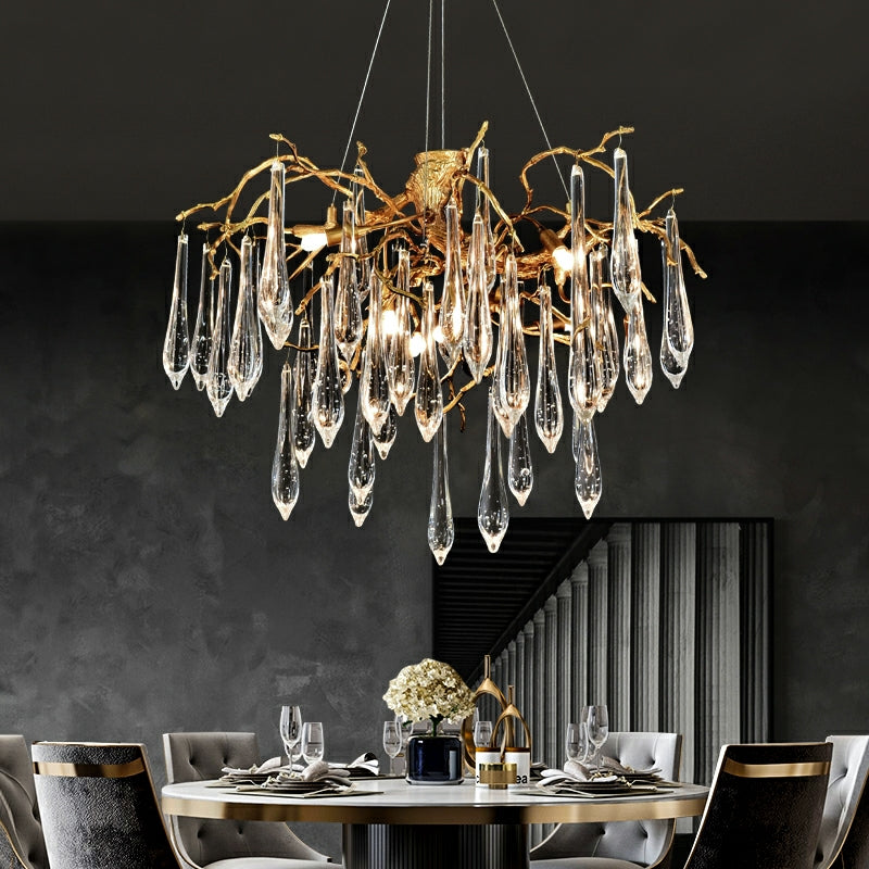 Branch Crystal Drops Chandelier in French Style with Copper Gold Finish for Dining and Living Room Ceiling