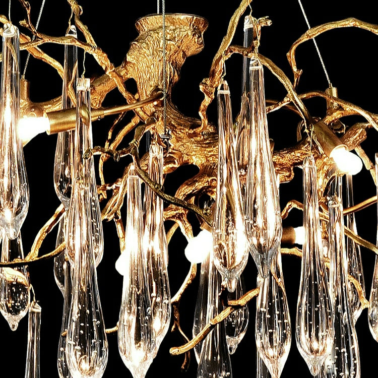 Branch Crystal Drops Chandelier in French Style with Copper Gold Finish for Dining and Living Room Ceiling