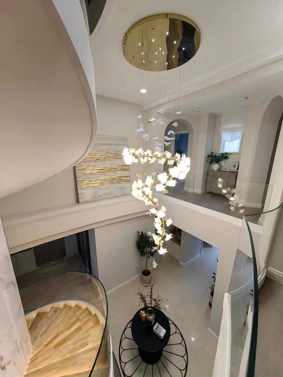 Ceramic Flower Chandelier in Artistic Brass Branch Design