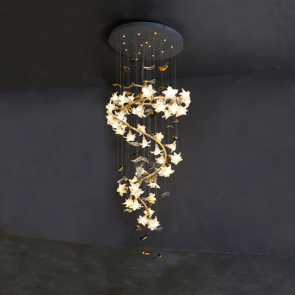 Ceramic Flower Chandelier in Artistic Brass Branch Design