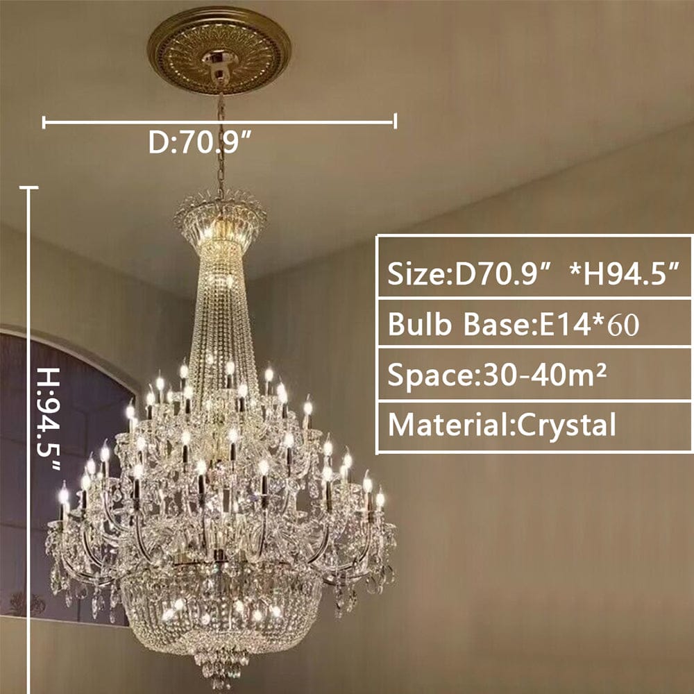 4 Layers / D70.9"*H94.5"/ 60 Lights / Gold / Warm Light Extra Large European-style Multi-layers Candle Luxury Crystal Chandelier Gold Art Foyer/Staircase Decorative Light Fixture