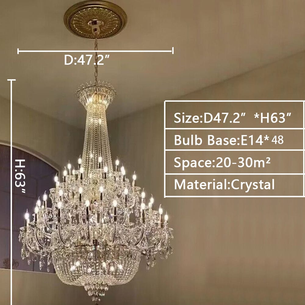 4 Layers / D47.2"*H63"/ 48 Lights / Gold / Warm Light Extra Large European-style Multi-layers Candle Luxury Crystal Chandelier Gold Art Foyer/Staircase Decorative Light Fixture
