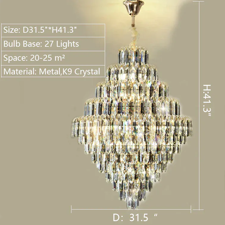 D31.5"*H41.3"/27 Lights / Warm Light Extra Large Foyer Decorative Crystal Lighting Fixture Living Room Crystal Chandelier For Entryway Staircase