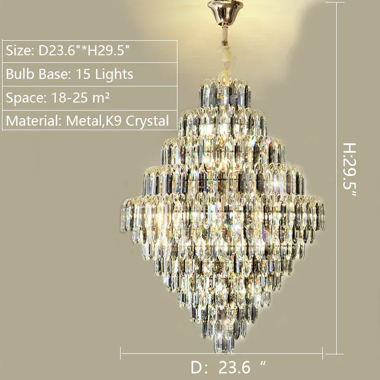D23.6"*H29.5"/15 Lights / Warm Light Extra Large Foyer Decorative Crystal Lighting Fixture Living Room Crystal Chandelier For Entryway Staircase