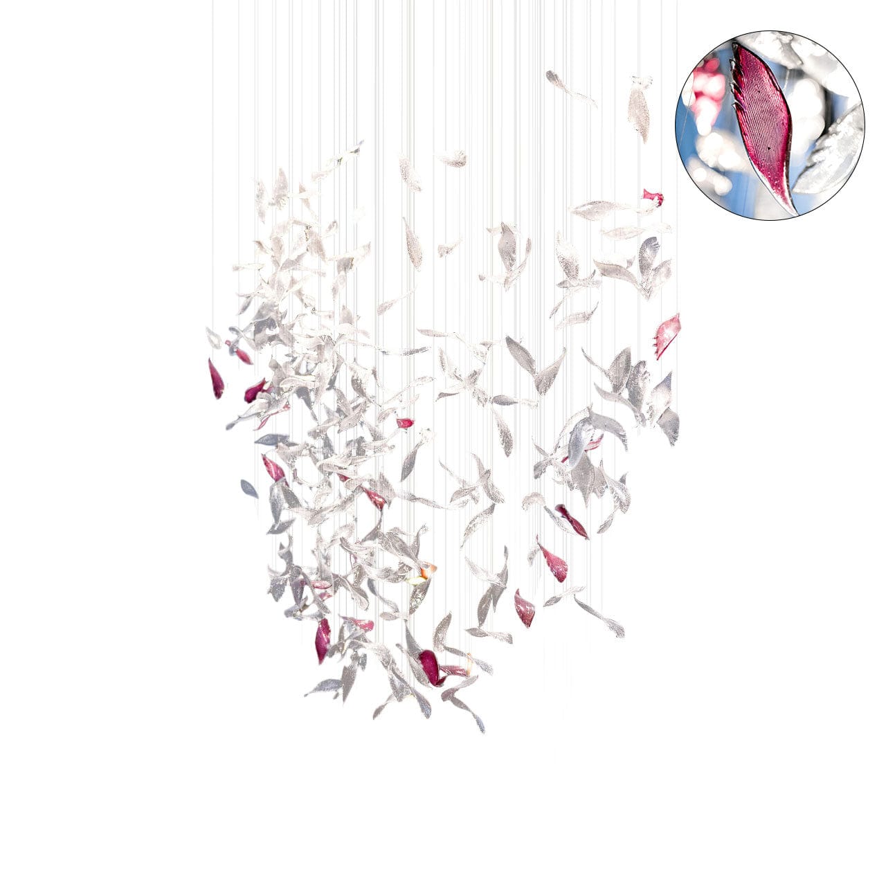 L 150cm x W 60cm x H 200cm / L 59.7″ x W 23.6″ x H 78.7″ / Clear & Pink Flying Glass Feather Chandelier