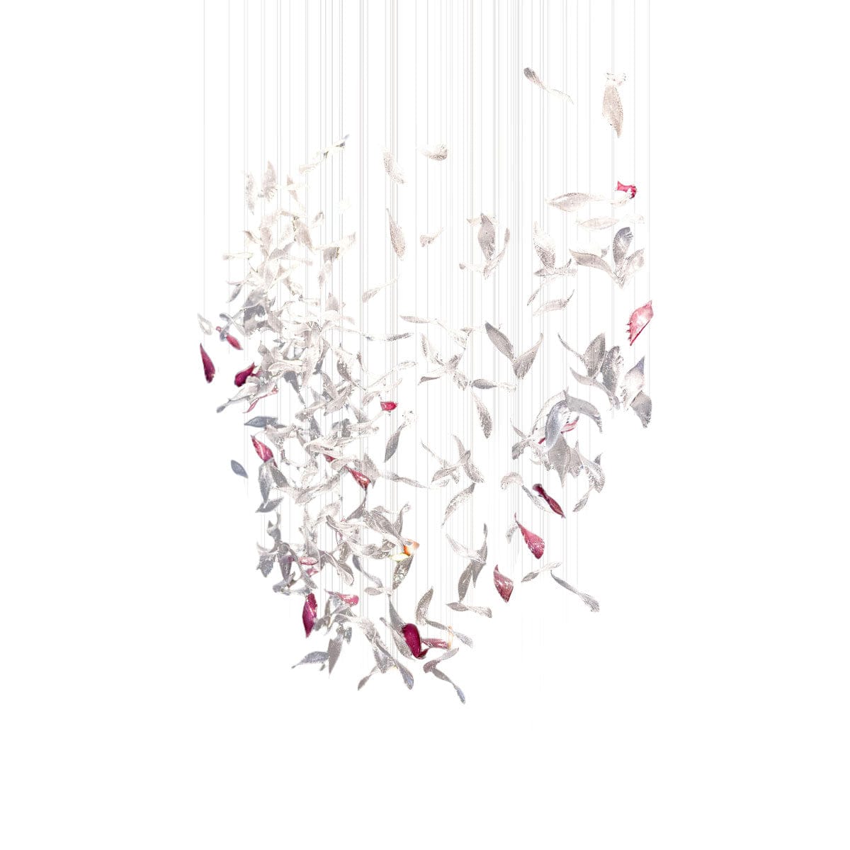 L 220cm x W 60cm x H 250cm / L 86.6″ x W 23.6″ x H 98.4″ / Clear & Pink Flying Glass Feather Chandelier