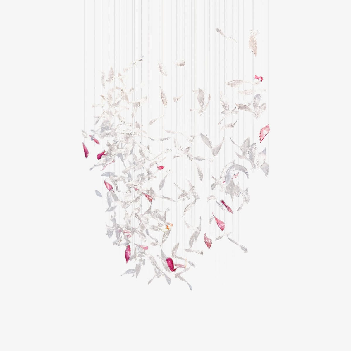 L 100cm x W 60cm x H 150cm / L 39.4″ x W 23.6″ x H 59.1″ / Clear & Pink Flying Glass Feather Chandelier