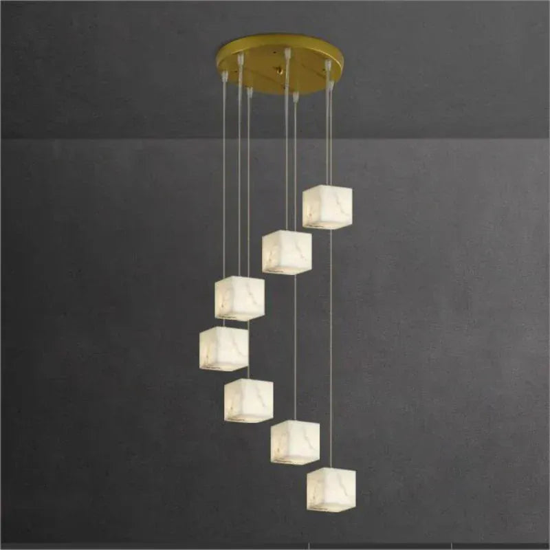 7-Lights Gavin Alabaster Cube Foyer Staircase Long Chandelier 7/ 9/ 12/ 18/ 25/ 36 Lights