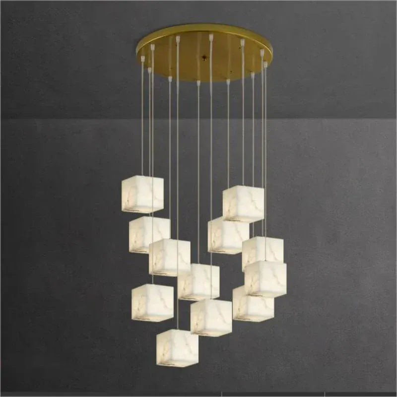 12-Lights Gavin Alabaster Cube Foyer Staircase Long Chandelier 7/ 9/ 12/ 18/ 25/ 36 Lights