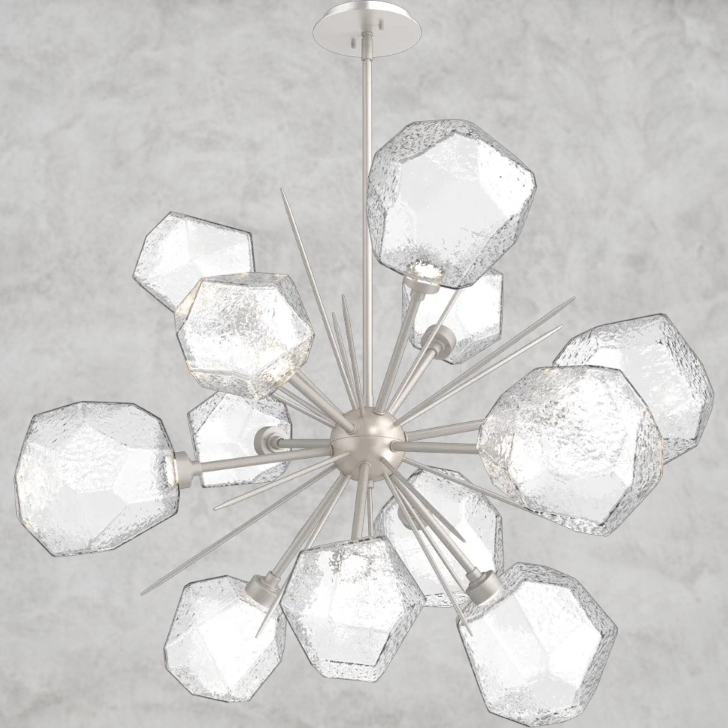 78.3" H x 38.4" Wx 38.4" D / Nickel / Clear Glass Gem Starburst Chandelier
