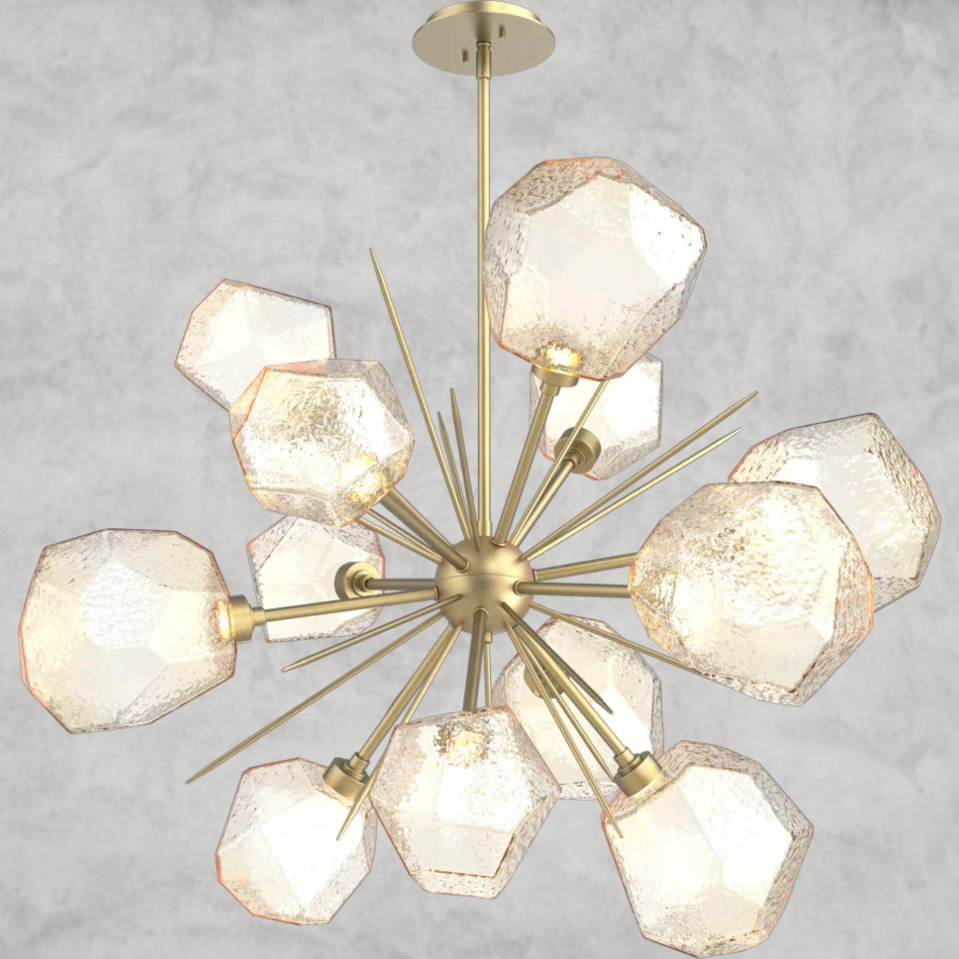 78.3" H x 38.4" Wx 38.4" D / Brass / Amber Glass Gem Starburst Chandelier